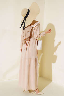 Denizci Yaka Elbise Bej - Tesettür Elbise