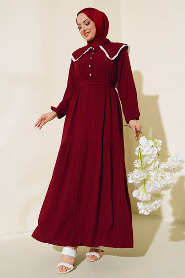 Denizci Yaka Elbise Bordo - Elbise