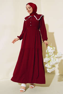 Denizci Yaka Elbise Bordo - Tesettür Elbise