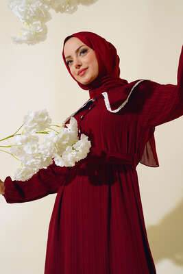 Denizci Yaka Elbise Bordo - Tesettür Elbise