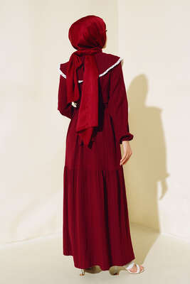 Denizci Yaka Elbise Bordo - Tesettür Elbise