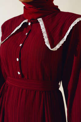 Denizci Yaka Elbise Bordo - Tesettür Elbise