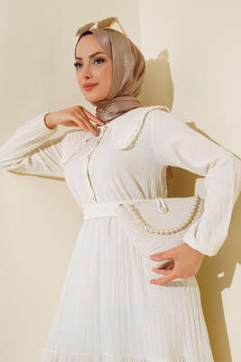 Denizci Yaka Elbise Ekru - Tesettür Elbise