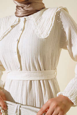 Denizci Yaka Elbise Ekru - Tesettür Elbise