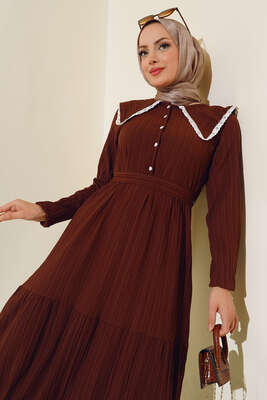 Denizci Yaka Elbise Kahve 