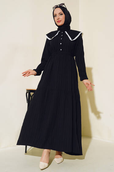 Denizci Yaka Elbise Siyah - Elbise
