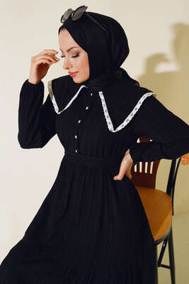 Denizci Yaka Elbise Siyah - Tesettür Elbise