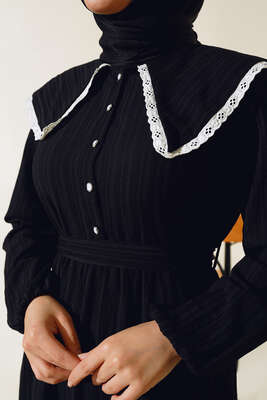 Denizci Yaka Elbise Siyah - Tesettür Elbise