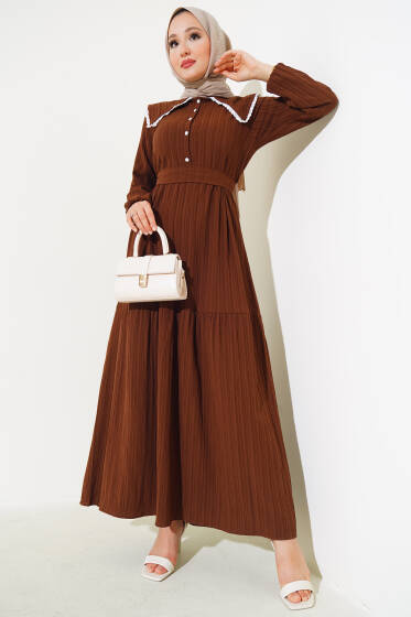 Denizci Yaka Elbise Taba - Elbise