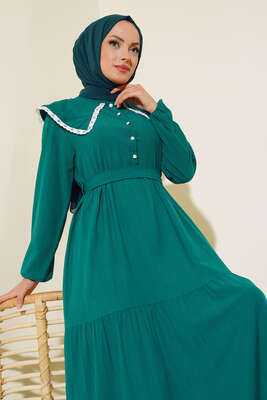 Denizci Yaka Elbise Zümrüt Yeşili - Tesettür Elbise