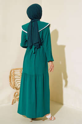 Denizci Yaka Elbise Zümrüt Yeşili - Tesettür Elbise