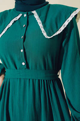 Denizci Yaka Elbise Zümrüt Yeşili - Tesettür Elbise