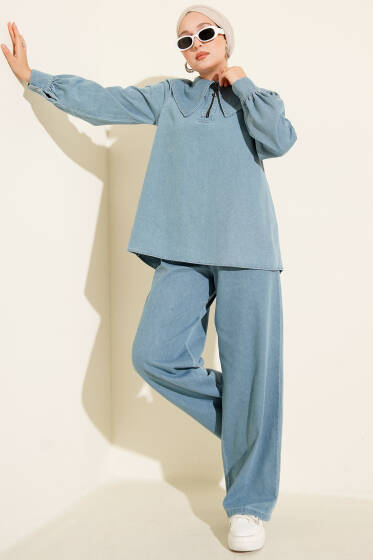 Denizci Yaka Fermuarlı Kot İkili Takım Açık Mavi - İkili Takım