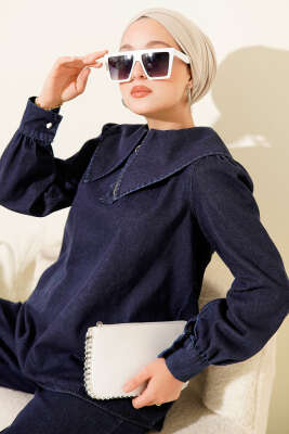 Denizci Yaka Fermuarlı Kot İkili Takım Lacivert 