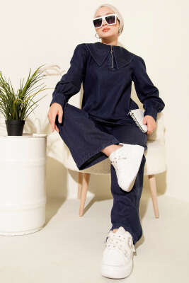 Denizci Yaka Fermuarlı Kot İkili Takım Lacivert - İkili Takım