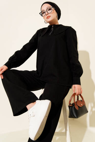 Denizci Yaka Fermuarlı Kot İkili Takım Siyah - İkili Takım