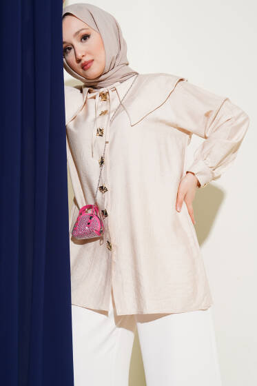 Denizci Yaka Gold Düğmeli Gömlek Bej - Gömlek