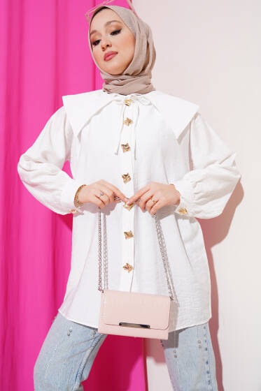 Denizci Yaka Gold Düğmeli Gömlek Beyaz - Gömlek