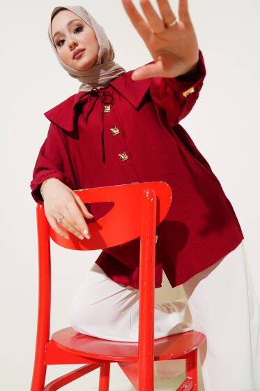 Denizci Yaka Gold Düğmeli Gömlek Bordo - Gömlek