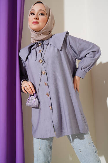 Denizci Yaka Gold Düğmeli Gömlek Gri - Gömlek