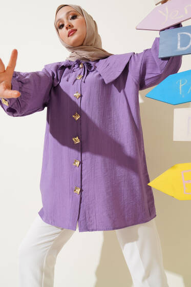 Denizci Yaka Gold Düğmeli Gömlek Lila - Gömlek