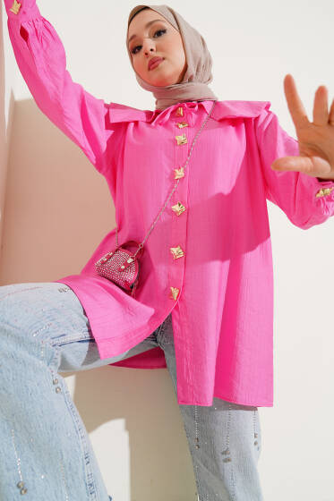 Denizci Yaka Gold Düğmeli Gömlek Pembe - Gömlek