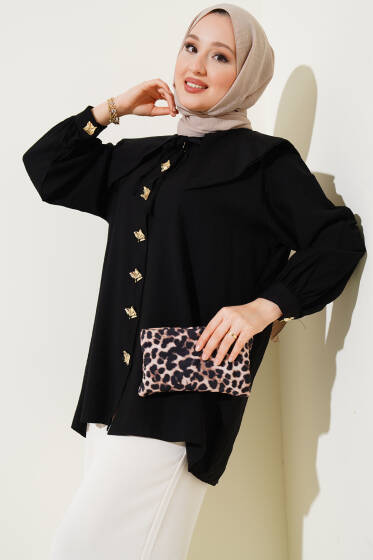 Denizci Yaka Gold Düğmeli Gömlek Siyah - Gömlek