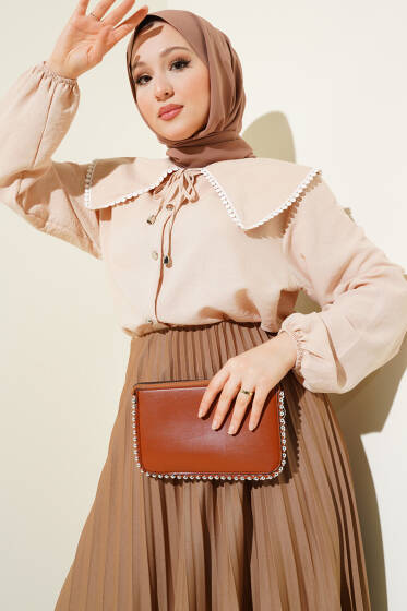 Denizci Yaka Güpürlü Kısa Gömlek Bej - Gömlek