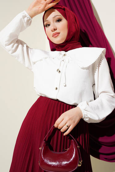 Denizci Yaka Güpürlü Kısa Gömlek Beyaz - Gömlek