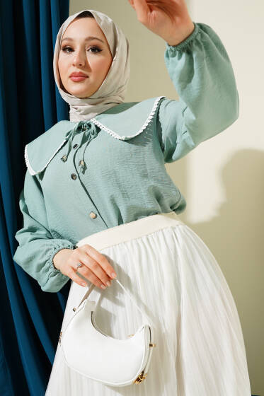 Denizci Yaka Güpürlü Kısa Gömlek Çağla Yeşili - Gömlek