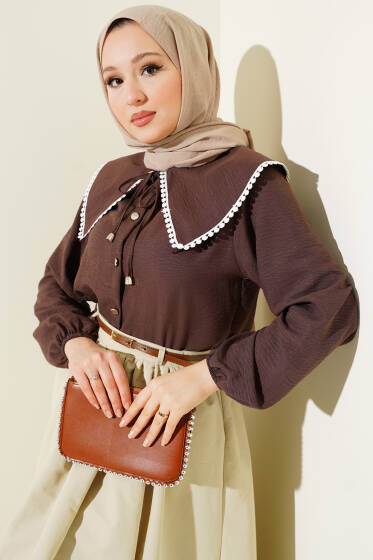 Denizci Yaka Güpürlü Kısa Gömlek Kahve - Gömlek