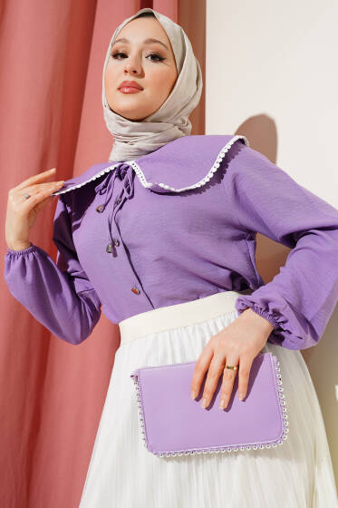 Denizci Yaka Güpürlü Kısa Gömlek Lila - Gömlek