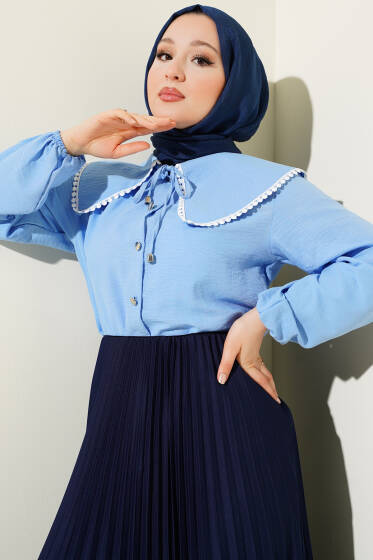 Denizci Yaka Güpürlü Kısa Gömlek Mavi - Gömlek