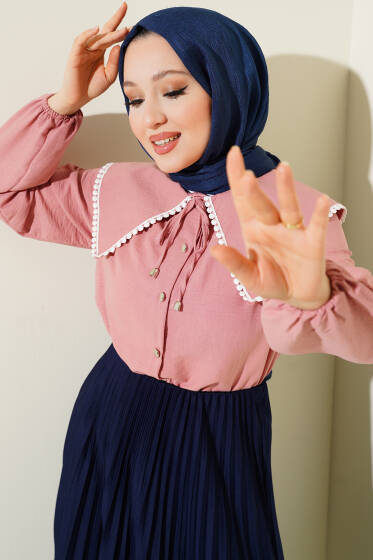 Denizci Yaka Güpürlü Kısa Gömlek Pudra - Gömlek