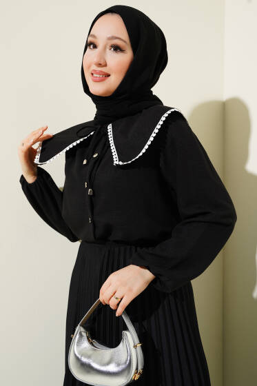 Denizci Yaka Güpürlü Kısa Gömlek Siyah - Gömlek