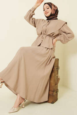 Denizci Yaka İp Kuşaklı Tensel Etekli Takım Bej - DUFON