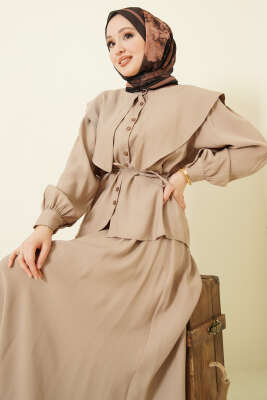 Denizci Yaka İp Kuşaklı Tensel Etekli Takım Bej - İkili Takım