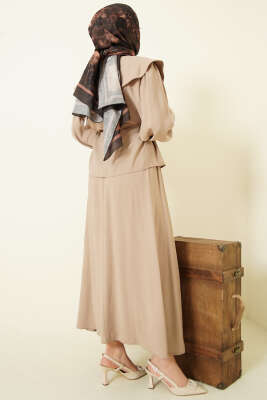 Denizci Yaka İp Kuşaklı Tensel Etekli Takım Bej - İkili Takım