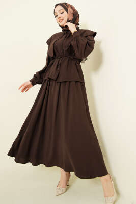 Denizci Yaka İp Kuşaklı Tensel Etekli Takım Kahve - DUFON