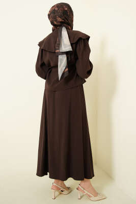 Denizci Yaka İp Kuşaklı Tensel Etekli Takım Kahve - İkili Takım