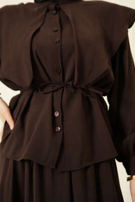 Denizci Yaka İp Kuşaklı Tensel Etekli Takım Kahve - İkili Takım