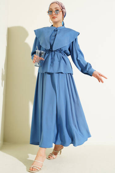 Denizci Yaka İp Kuşaklı Tensel Etekli Takım Mavi - İkili Takım
