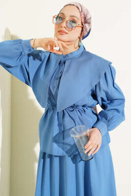 Denizci Yaka İp Kuşaklı Tensel Etekli Takım Mavi - İkili Takım