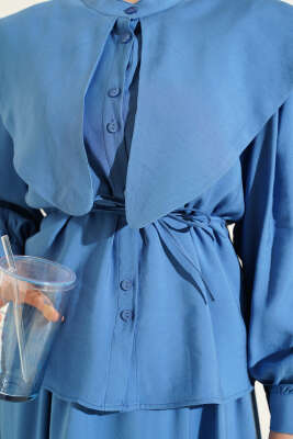 Denizci Yaka İp Kuşaklı Tensel Etekli Takım Mavi - İkili Takım