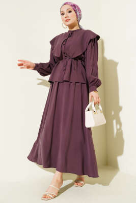 Denizci Yaka İp Kuşaklı Tensel Etekli Takım Mürdüm - DUFON