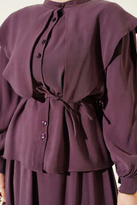 Denizci Yaka İp Kuşaklı Tensel Etekli Takım Mürdüm - İkili Takım