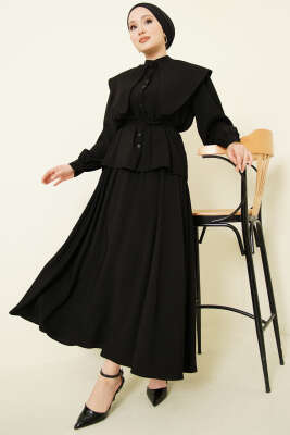 Denizci Yaka İp Kuşaklı Tensel Etekli Takım Siyah - DUFON