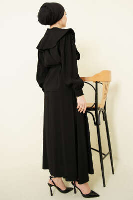 Denizci Yaka İp Kuşaklı Tensel Etekli Takım Siyah - İkili Takım