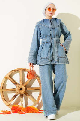 Denizci Yaka Kuşaklı Kot İkili Takım Açık Mavi - HATUN