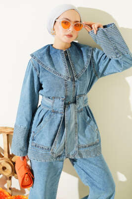 Denizci Yaka Kuşaklı Kot İkili Takım Açık Mavi - İkili Takım